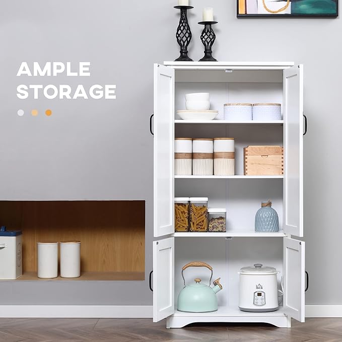HOMCOM 48.5" Kitchen Pantry Cabinet with 2 Adjustable Shelves and 4 Beadboard Doors, Compact Farmhouse Kitchen Storage Cabinet for Dining Room, White