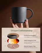 famiware Star Espresso Cups and Saucers Set of 4, [ Mini ] 3 oz Ceramic Small Coffee Mug with Handle, Ribbed Stoneware Demitasse Cup for Tea, Latte - Microwave & Dishwasher Safe - Matte Dark Charcoal