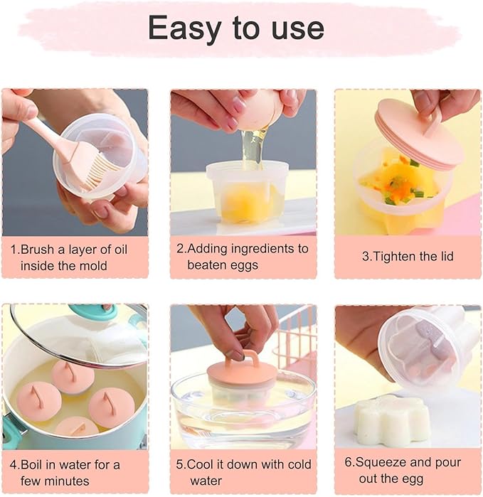 5 PCS Egg Poacher Cups, Pink Egg Cooker, Cute Shapes Reusable Egg Molds, Nonstick Egg Poaching Cups for Boiled Eggs Without Shell