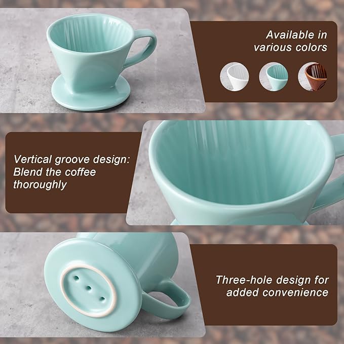Pour Over Coffee Maker, Pour Over Coffee Dripper with 3 Holes Flat Bottom, Ceramic Drip Coffee Pour Over, Coffee Accessories for Travel, Camping, Office, Home(Green)