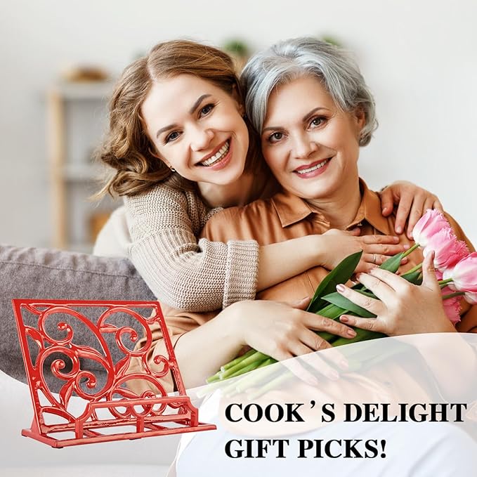 JOGREFUL Cookbook Stand, Cast Iron Heavy-Duty Recipe Book Holder, Kitchen Vintage Recipe Book Holder, Reading Rest Holder for Easel/Counter/Books/Magazine/iPad/Bible, Vine Pattern, Red