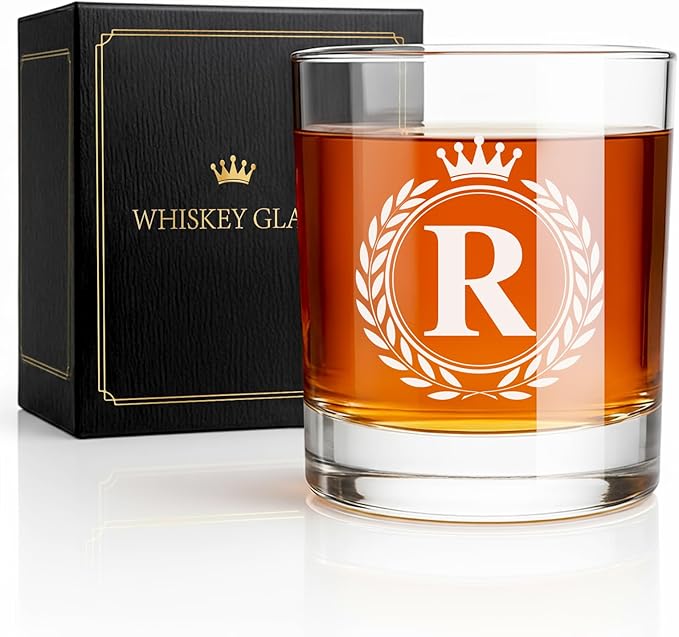 Whiskey Glasses - Rocks Old Fashioned Glass Gifts for Men, Monogrammed A-Z 10oz Personalized Whisky Glasses, Christmas Birthday Gifts for Men Him Dad Father Husband Brother Son (R)