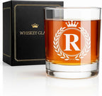 Whiskey Glasses - Rocks Old Fashioned Glass Gifts for Men, Monogrammed A-Z 10oz Personalized Whisky Glasses, Christmas Birthday Gifts for Men Him Dad Father Husband Brother Son (R)
