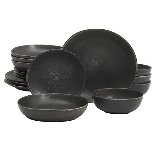 Gibson Elite Zion Mist 16 Piece Stoneware Reactive Glaze (Service for 4) Ceramic Plates and Bowls Modern Organic Dinnerware Set - Black