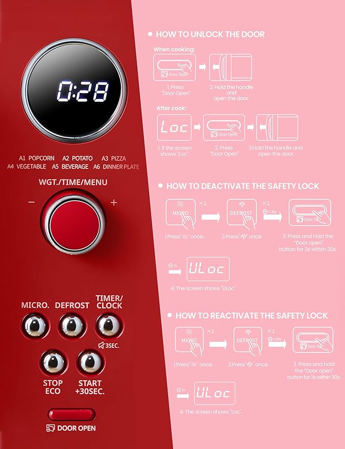 COMFEE Retro Ovens, Small 9 Preset Programs, 0.9 cu.ft Countertop Compact Microwaves with Multi-Stage Cooking, Mute Function, LED Digital, Red/900W, CMO-MMP02AA(RD), Red