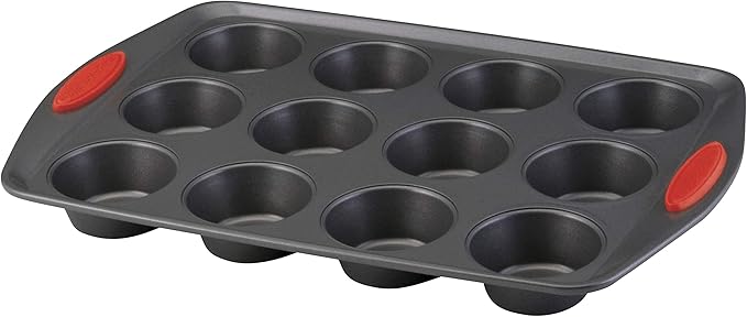 Rachael Ray Yum-o! Nonstick Bakeware 12-Cup Muffin & Cupcake Tin With Grips - Gray with Red Grips