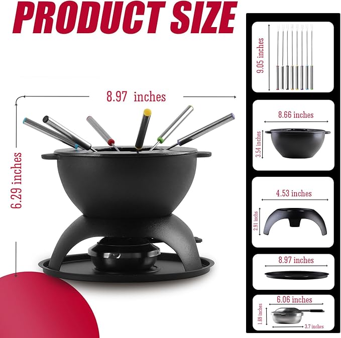 Artestia 5-Cup Cast Iron Fondue Pot for Chocolate, Cheese Fondue Pot with 6 Colored Forks for Fondue Party, 4-6 Person, Black