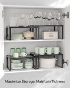 SONGMICS Spice Racks, Set of 2 Metal Cabinet Shelf Organizers, Countertop Organizers, Shelf Risers, Stackable, Expandable, Ink Black UKCS001B01