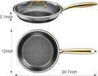 Fogdream 12”Stainless Steel Pan, Non Stick Frying Skillet with Lid, Tri-Ply Stainless Steel for All Cooktops, Dishwasher and Oven-Safe Cooking Pan, Stay-Cool Handle, Gold