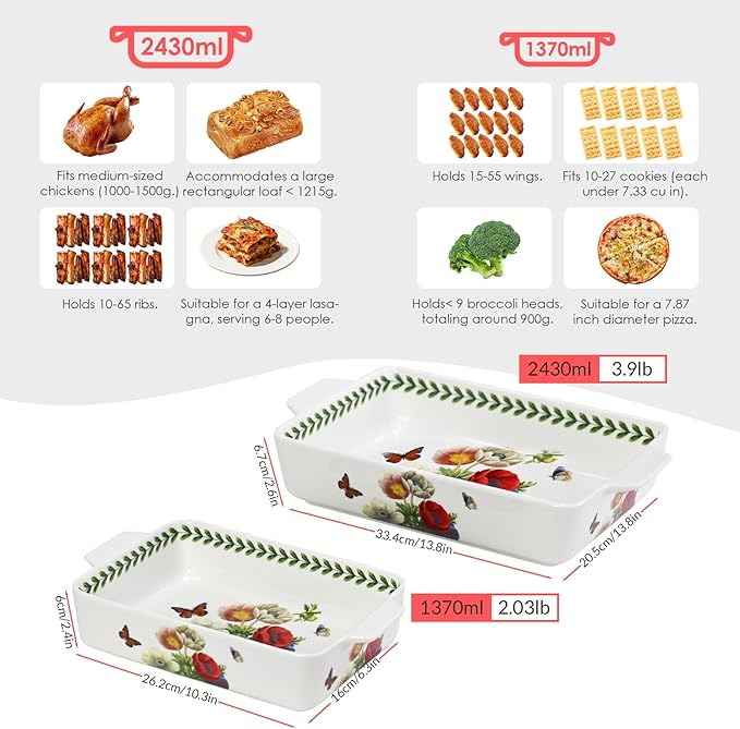 ACMLIFE Ceramic Casserole Dish for Oven, Floral Baking Dishes for Oven Lasagna Pan, Large Baking Dish with Handles, Durable and Oven Safe Pan, for Roasting and Baking, Gift Packaging 2 Pcs Set(13"x8"+10.3"x6.3") (Beauty)