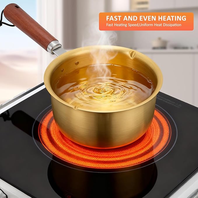 Upgraded Golden Mini Butter Warmer 300ml, 2-Pack Stainless Steel Small Pots for Melting Chocolate, Butter, Wax, Heating Milk, Oil, Frying Eggs & More