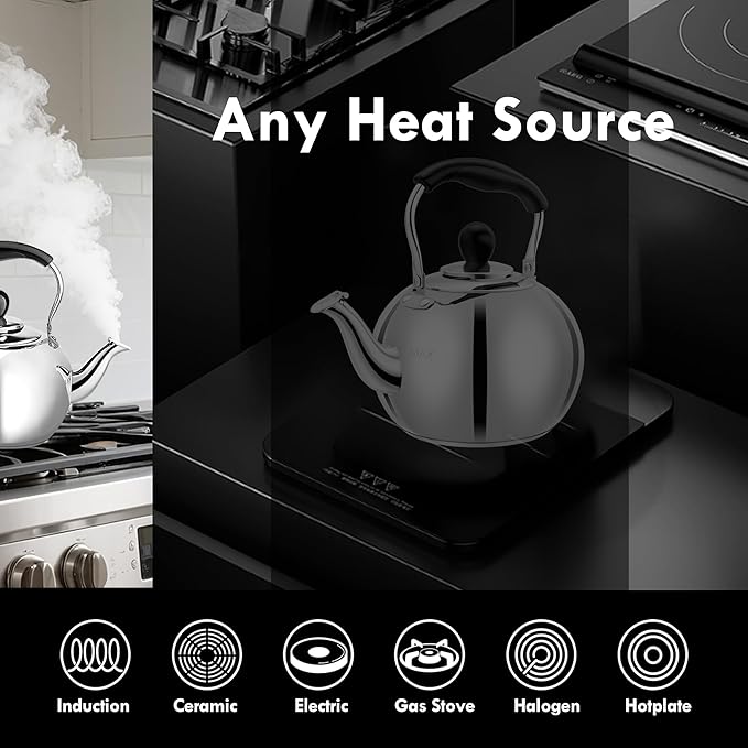 Dclobtop Whistling Tea Kettle Stovetop - 2.0 Quart Round Tea Pot for Stovetop, Silver Mirror Polished Classic Stovetop Kettle, Food Grade Material Teapot for Stove Top