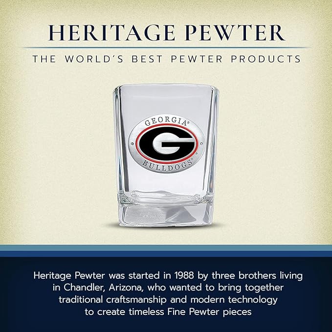 Heritage Pewter University of Georgia Square Shot Glass | Hand-Sculpted 1.5 Ounce Shot Glass | Intricately Crafted Metal Pewter Alma Mater Inlay
