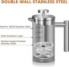 Small French Press Coffee Maker - Small 12oz/350ml Single Cup Metal French Press(1 Cup), Stainless Steel Double Wall Insulated Coffee & Tea Maker w/ 3 Extra Screens + 1 Spoon (Silver), Dishwasher Safe
