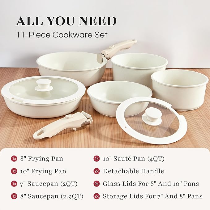 GOURMETIFIC® Pots and Pans Cookware Set [11 PIECES] - Non Toxic Ceramic Coated Cooking Ware - Induction, Gas & Oven Kitchenware - Non Stick Pot & Pan with Removable Handles & Stackable (Cream)