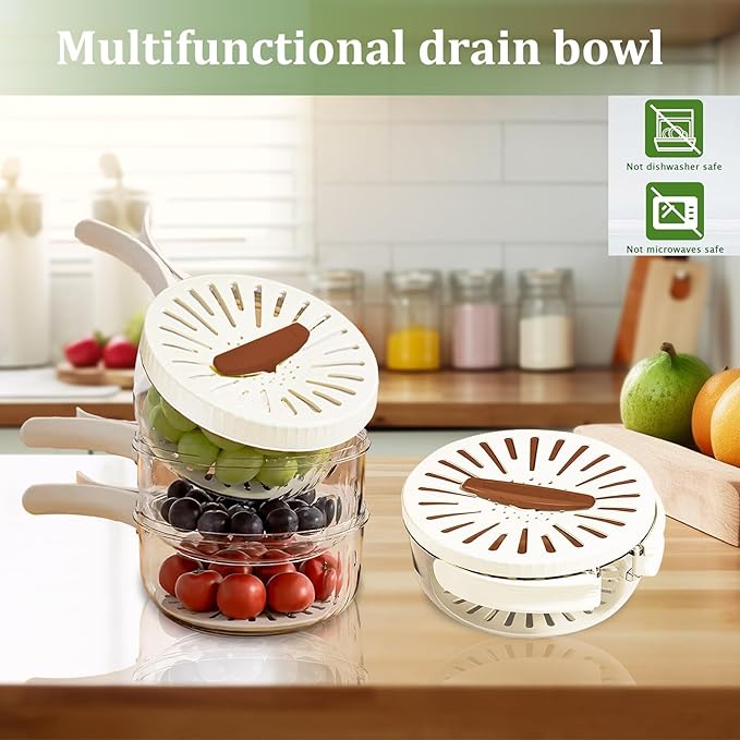 2 Pcs MultiPurpose Fruit Strainer Drain Basket with Lid & Collapsible Handle,2.85QT+1QT 2 in 1 Draining and Preservation Basket, Fruit Cleaner Bowl for Fridge Freshness and Outdoor Picnics