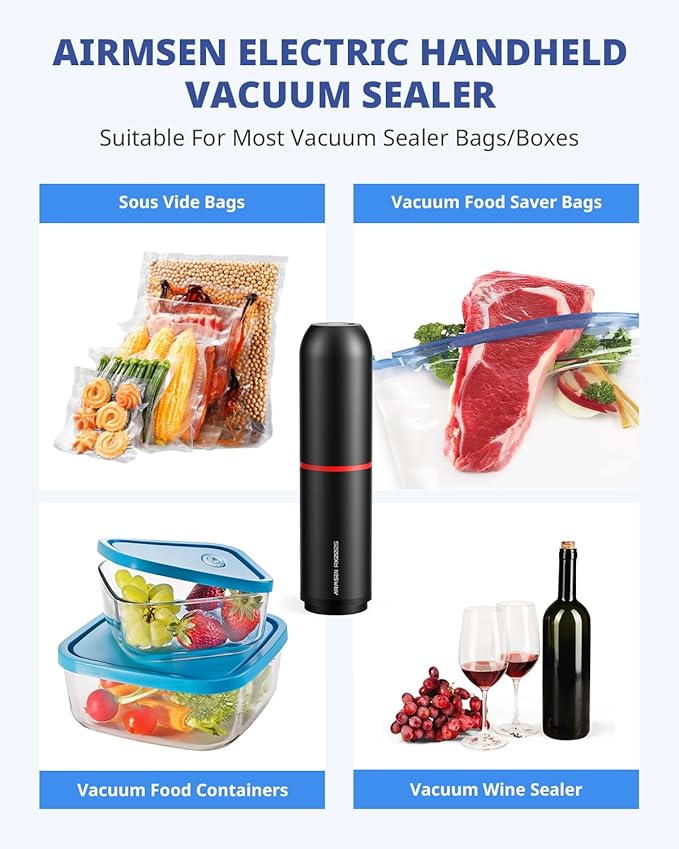 AIRMSEN Handheld Vacuum Sealer for Food with 33 PCS Reusable Bags and 2 PCS Vacuum Wine Sealer for Food Preservation & Fresh, Kitchen Leftover Preservation, Meal Prep and Sous Vide Cook