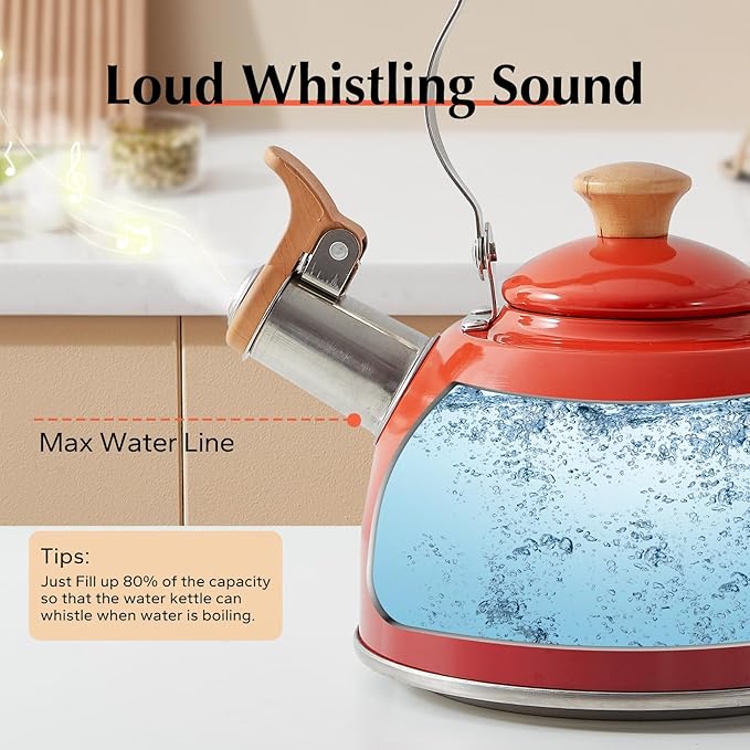 ROCKURWOK Tea Kettle, Tea Pot with Cool Touch Ergonomic Handle, Teapot Food Grade Stainless Steel, Tea Kettle Stovetop, Kettle Teapot, Whistling Tea Kettle, Small Tea Pot, 1.6 Quart (Red)