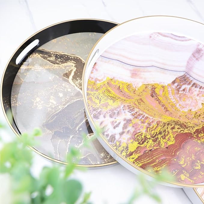 Round White Marbling Decorative Tray with Handles, 13" Morden Plastic Serving Tray for Coffee Table Bathroom, Ottoman, Home Decor