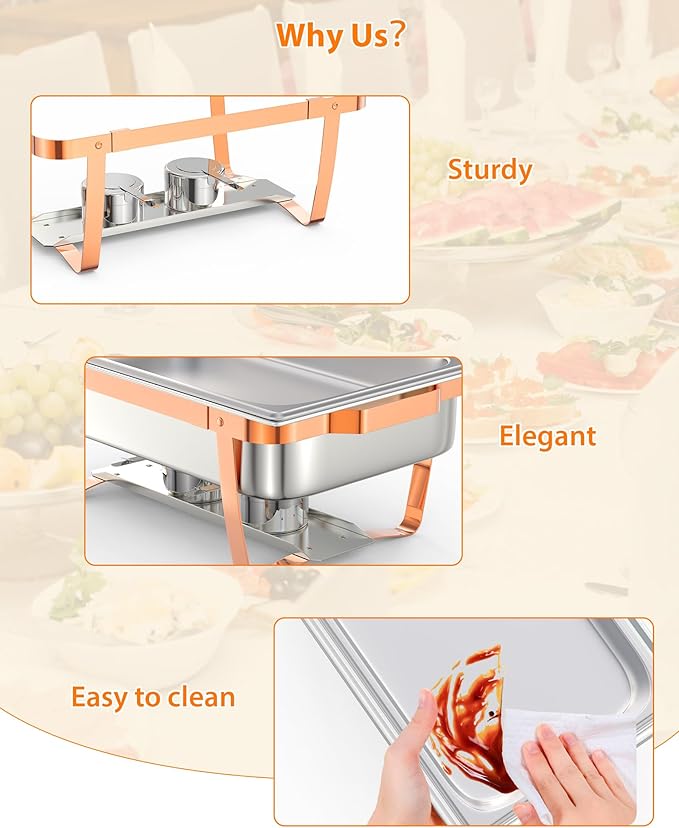 Chafing Dish Buffet Set, 8QT 6 Pack, Rectangle Chafing Dishes for Buffet w/Lid Holder, Stainless Steel Chafer Food Warmers Servers with Spoon and Tweezers for Kitchen Party Banquet Dining, Rose Gold