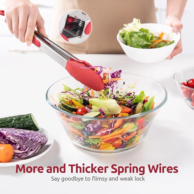 600ºF Heat Resistant Kitchen Tongs: U-Taste 9+12 inch Silicone Cooking Tong Set with Firm Sealed Non Stick Rubber Tips and Silicon Coated 18/8 Stainless Steel Handle for Serving Grilling Salad(Red)