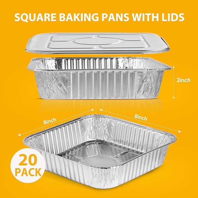8"x8" Disposable Aluminum Foil Pans with lid - 20 Pack Square Baking Pans Disposable Food Containers with Lids Heavy Duty Tin Foil Pan for Baking Cake, Oven Cooking, Heating, Storing, Meal Prepping
