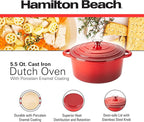 Hamilton Beach Enameled Cast Iron Dutch Oven 5.5-Quart Red, Cream Enamel Dutch Oven Pot with Lid