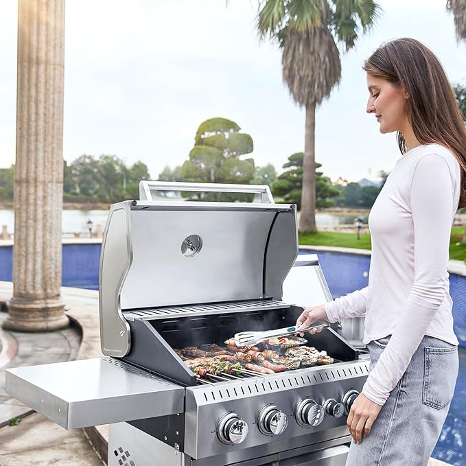 MELLCOM Stainless Steel 4 Burner BBQ Propane Gas Grill with Cast Iron Grates & Side Stove, Stainless Steel 44000 BTU Burner Barbecue Grill for Patio,Camping, Outdoor Cooking