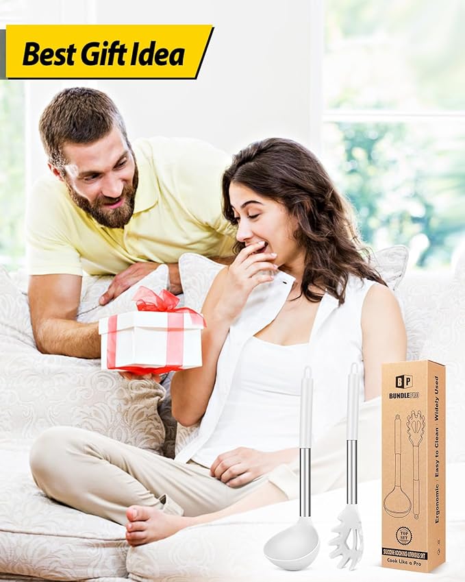 Silicone Pasta Fork and Ladle Spoon Set, Large Non Stick Kitchen Utensils for Cooking,Stirring,Serving Spaghetti, Soup, Sauce (WHITE)