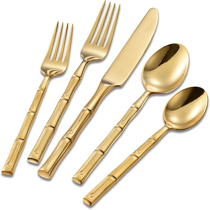Silverware Set Gold Flatware Set Stainless Steel Bamboo Handle Cutlery Set Mirror Polished 60 Pieces for Home Kitchen Restaurant Hotel Wedding Housewarming Gift Service for 12