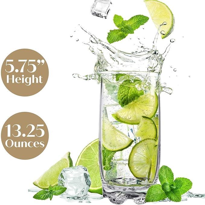 Drinking Glasses set of 8 Highball Glass cups By Home Essentials – Premium Cooler 13.25 Oz. Glassware – Ideal for Water, Juice, Cocktails, Iced Coffee, Iced Tea.