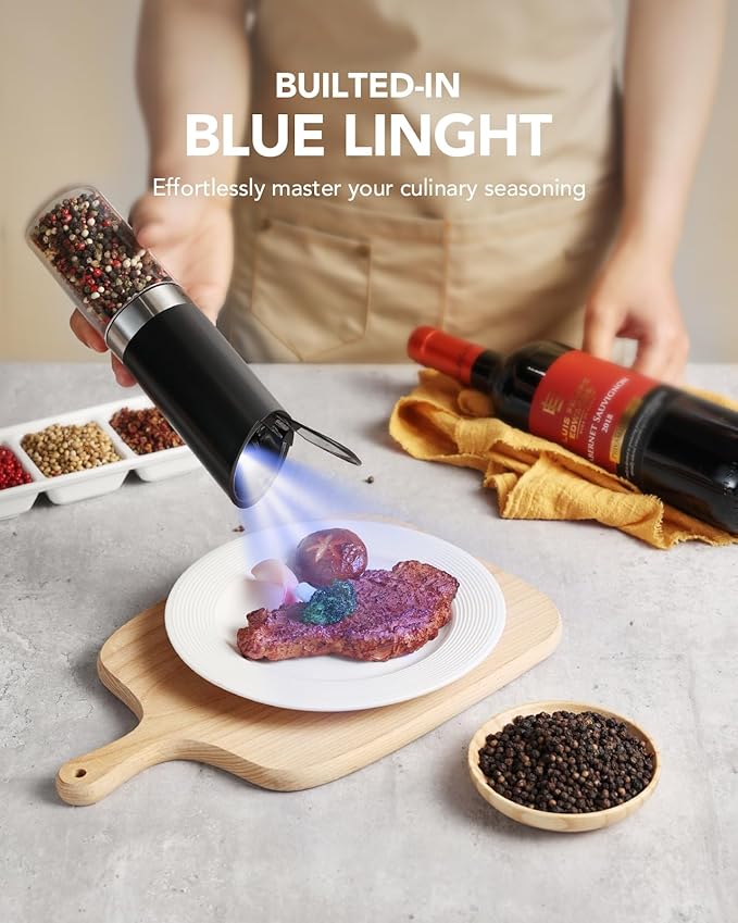 Sangcon Gravity Electric Salt and Pepper Grinder Set with Dust Cover, XL CAPACITY, Battery Operated(4 AAA), Adjustable Coarseness, One Hand Automatic Salt and Pepper Shakers Set Mill with LED Light