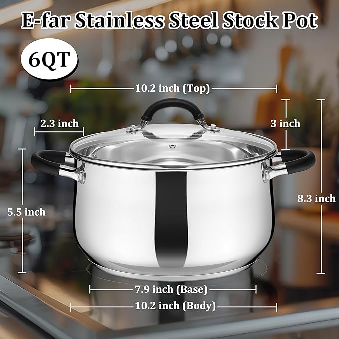 E-far 6 QT Stainless Steel Pot, Stock Cooking Pot with Visible Lid for Simmering Soup Pasta, Tri-Ply Thick Base for Induction Gas, Dual Silicone Handles for Heat Proof, Non-Toxic & Dishwasher Safe