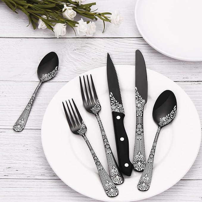 EUIRIO 48-Piece Silverware Set with Steak Knives, Black Flatware Set for 8, Stainless Steel Cutlery Set, Knives and Forks and Spoons Sets,Unique Pattern Design,Mirror Polish and Dishwasher Safe