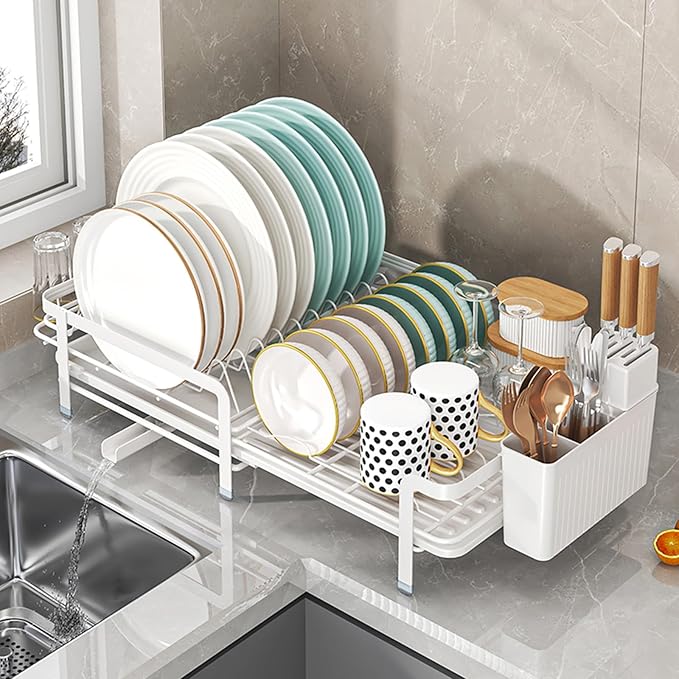 Large Dish Drying Rack with Drainboard,Expandable Dish Rack for Kitchen Counter, Utensil Holder & Cup Hooks,Rustproof Stainless Steel Drying Dish Rack 23.6’’L x 12.6’’W,White