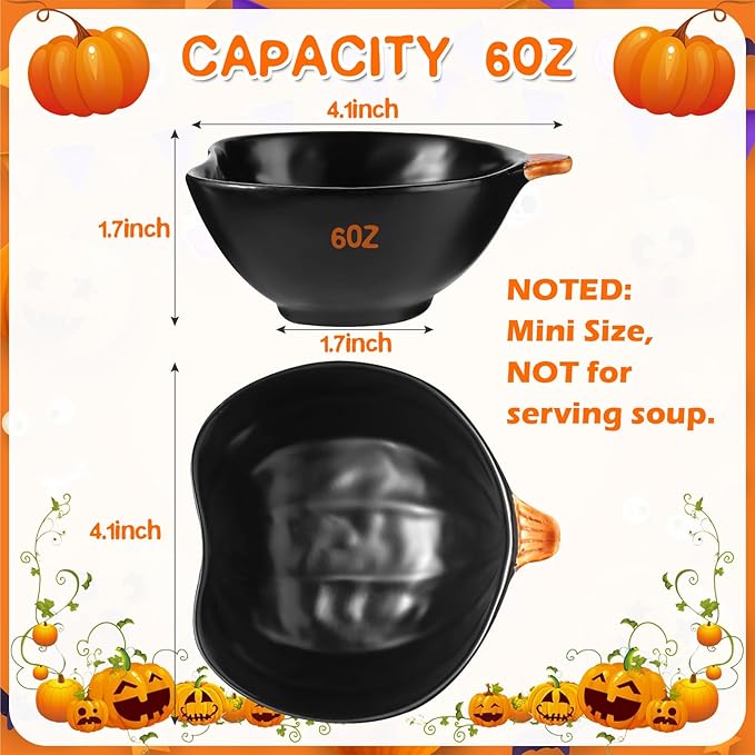 Kolewo4ever 12 Pieces Fall Ceramic Pumpkin Bowl 6 Ounces Ramekins Small Pumpkin Shaped Bowls Orange Dinnerware Decoration for Fall Halloween Serving Dip, Sauce, Condiments,Snack (Black)