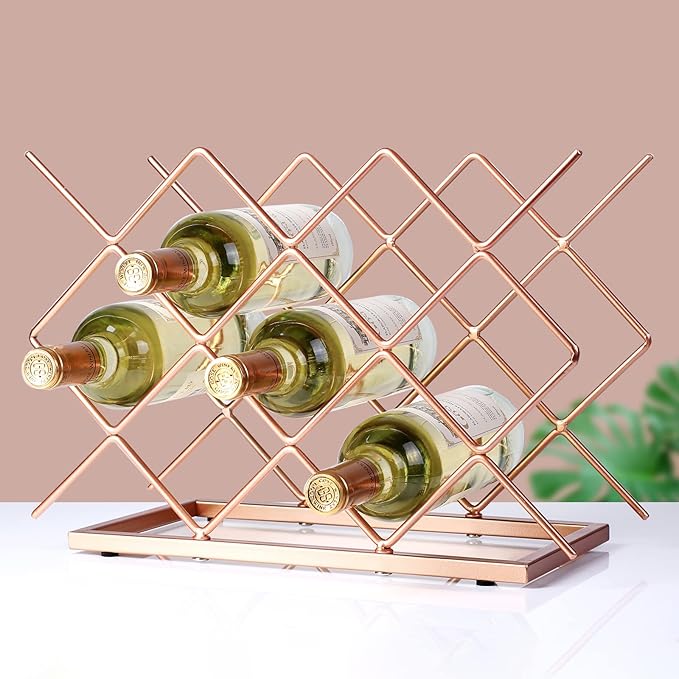 Countertop Wine Rack - 10 Bottle Freestanding Modern Rose Gold Metal Small Wine Rack - Tabletop Wine Holder Stand for Cabinet, Pantry, Wine Bottle Storage…