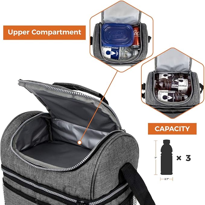 OPUX Lunch Box For Men Women, Insulated Large Lunch Bag Adult Work, Double Decker Lunchbox Meal Prep Dual Compartment Leakproof Lunch Cooler, Soft Lunch Pail Tote Boys Girls Kids School, Heather Gray