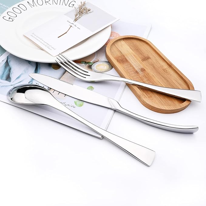 Silver Tableware 20Pcs Mirror Polished 18/10 Stainless Steel Luxury Flatware - Heavy Cutlery Set Service For 4 Include Knives/Forks/Spoons/Salad Fork/Teaspoon, Dishwasher Safe