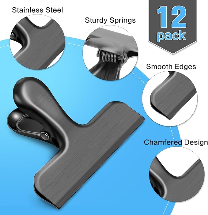 24 Pack Chip Clips, Stainless Steel Bag Clips for Food, Chip Bag Clip Heavy Duty, Food Clip Ideal for Kitchen Office Storage(Black)