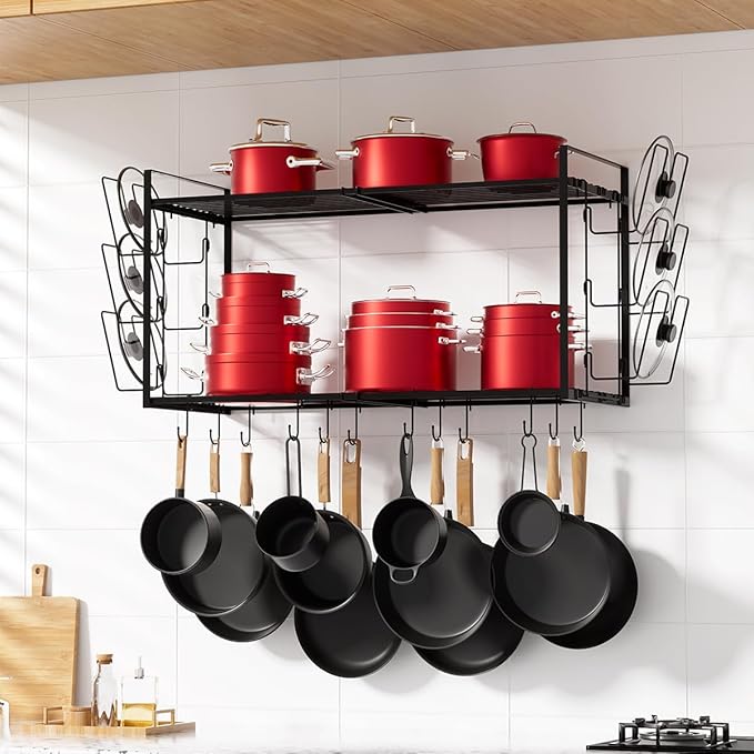 Expandable Pot and Pan Organizer Wall Mounted, 2 Tier Hanging Kitchen Shelves Heavy Duty Pot Rack with 6 Pot Lid Holders and 12 Hooks for Kitchen Cookware Utensils Organizer and Storage