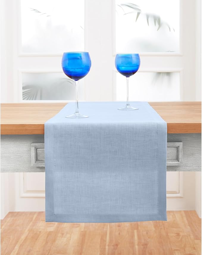 Solino Home Linen Sky Blue Table Runner 60 Inches - 100% Pure Linen Short Table Runner 14 x 60 Inch Ideal for Dresser and Coffee Tables - Summer - Fete