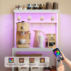 Kitchen Bakers Rack with Power Outlet & LED Lights, Small Coffee Bar Table with Adjustable Storage Shelf, 4 Tiers Microwave Stand with 8 Hooks, Coffee Station for Appliance Organizer, White