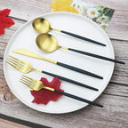 JASHII Flatware Silverware Set Stainless Steel Satin Finish Cutlery Set Service for 6, 30-Piece Spoons And Forks Kitchen Utensil Set, Dishwasher Safe (Matte Black handle gold)