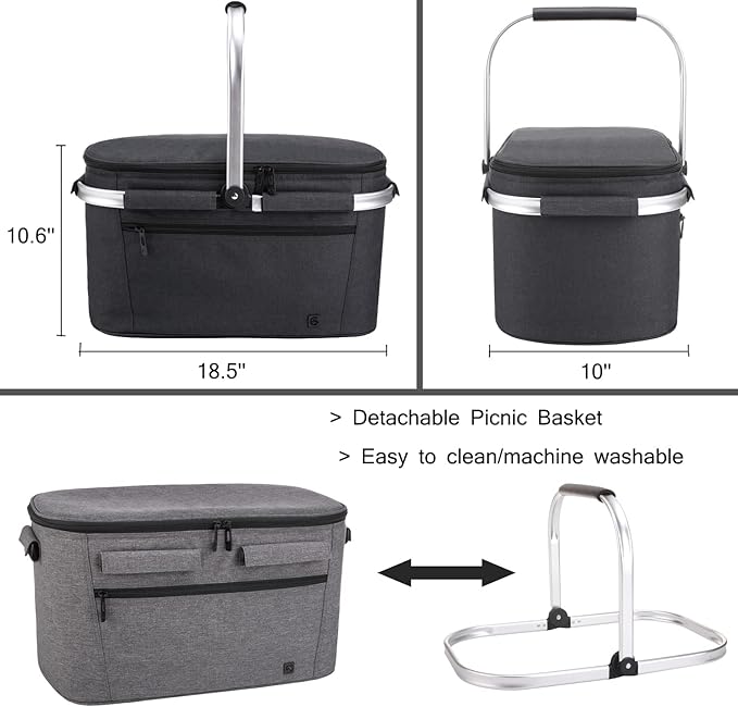 ALLCAMP Large Picnic Basket 32L Shopping Basket Grocery Bags Folding Insulated Strong Aluminum Frame Market Basket(Large Jet Black)