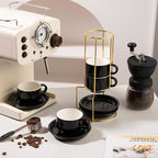 Sweejar Porcelain Espresso Cups with Saucers, 4 Ounce Stackable Cappuccino Cups with Metal Stand for Coffee Drinks, Latte, Tea - Set of 4 (Black Gold Stand)