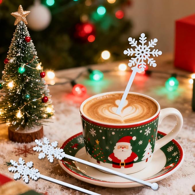60pcs Snowflake Drink Stirrers Christmas Plastic Swizzle Sticks Beverage Winter Stir Sticks Reusable Coffee Cocktail Stirrers Bar Supplies for Cocktail Xmas Party Decor Winter Holiday Cocoa Bar