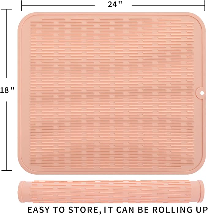 Silicone Dish Drying Mat for Multiple Usage,Easy clean,Eco-friendly,Heat-resistant Silicone Mat for Kitchen Counter or Sink,Refrigerator or Drawer Liner Pink 2XL 24 inches x 18 inches