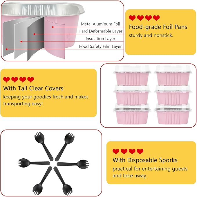 120pack/10oz Mini Cake Foil Pans with Lids,LNYZQUS 4”x4” Large Cupcake Pan Disposable Ramekins,Small Brownie Baking Cups Square Muffin Tin Cheesecake Containers Holders-Pink
