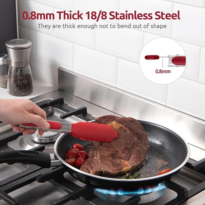 600ºF Heat Resistant Kitchen Tong: U-Taste 7 inch Silicone Cooking Tong with Firm Sealed Non Stick Rubber Tips & Silicon Coated 18/8 Stainless Steel Handle & Smooth Locking for Serving Salad (Red)